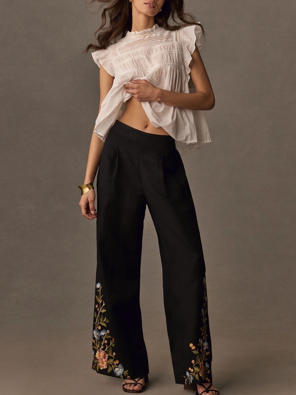 Anthropologie Ranna Gil Embroidered Floral Linen Wide Leg Pants - Picture 2 of 11